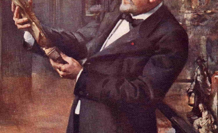 Dessin représentant d’Émile Guimet avec une statuette (sans date)
