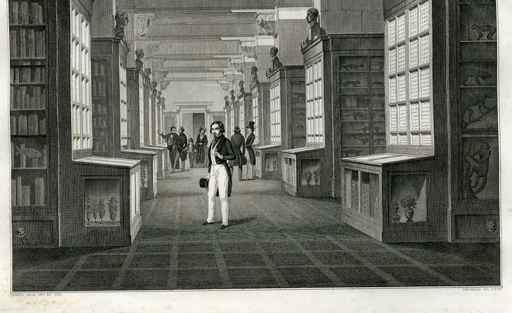 Vue et plan de la salle de zoologie au Palais Saint-Pierre à Lyon. Construite en 1836. Commencée sous l’administration de M. G. Prunelle, terminée sous celle de M. C. Martin Maires de Lyon. Mr Dardel architecte de la ville. M. Jourdan directeur du Muséum d’histoire naturelle 