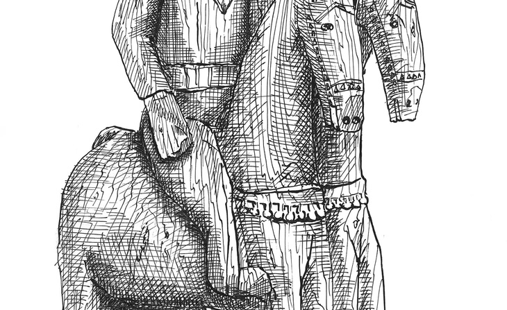 Dessin d’une effigie funéraire d’un homme assis sur un cheval à deux têtes sur calque à l’encre de chine