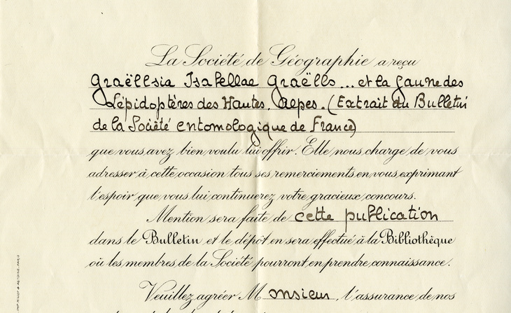 Certificat de don d’un article d’Hubert Cleu à la Société de géographie (1939).