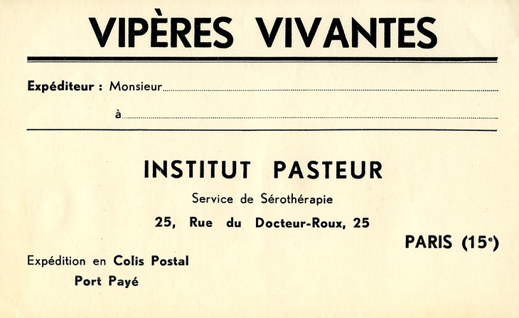 Transport de vipères vivantes, règlementation : instruction relative à l'achat et à l'envoi de vipères vivantes, bordereaux originaux d'expédition de vipères en colis postal (sans date).