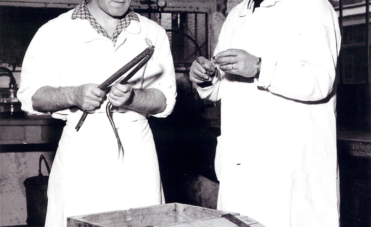 André Lacour (à gauche) avec un de ses collègues à la serpenterie de l'Institut Pasteur (sans date).