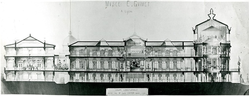 Vue du premier musée Guimet à Lyon dressé par Jules Chatron : coupe stratigraphique longitudinale [187*]